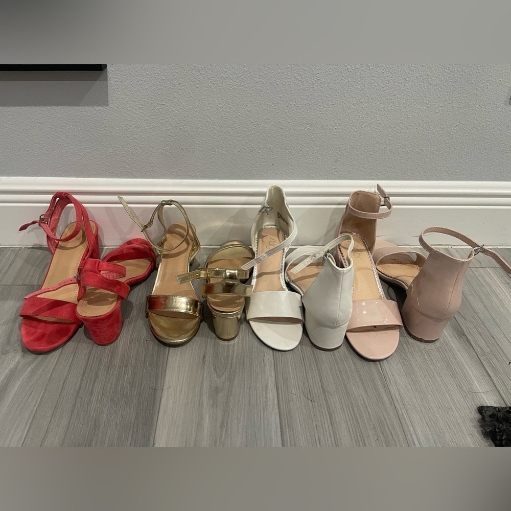 Set of low chunk heels with ankle strap. Cream, white, pink, and gold. 8-8.5